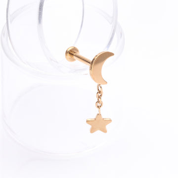 Detail View 1 of Implant Grade Titanium Golden Crescent Moon with Star Dangle Internally Threaded Flat Back Stud Labret